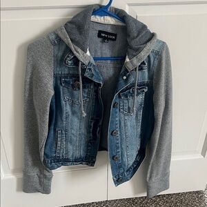 New Look Blue Denim Jacket with Gray Hooded Sweatshirt Sleeves